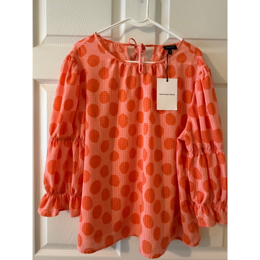 Who What Wear Coral Orange Polka Dot Puff Sleeve Blouse XXL NWT